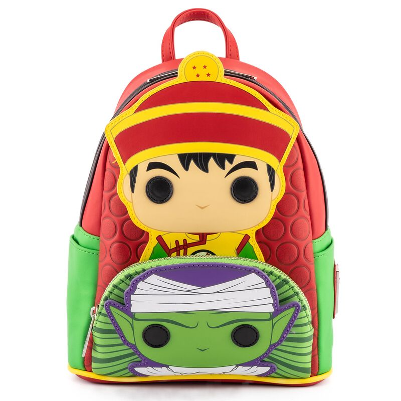 Red and green backpack featuring Gohan and Piccolo from Dragon Ball Z